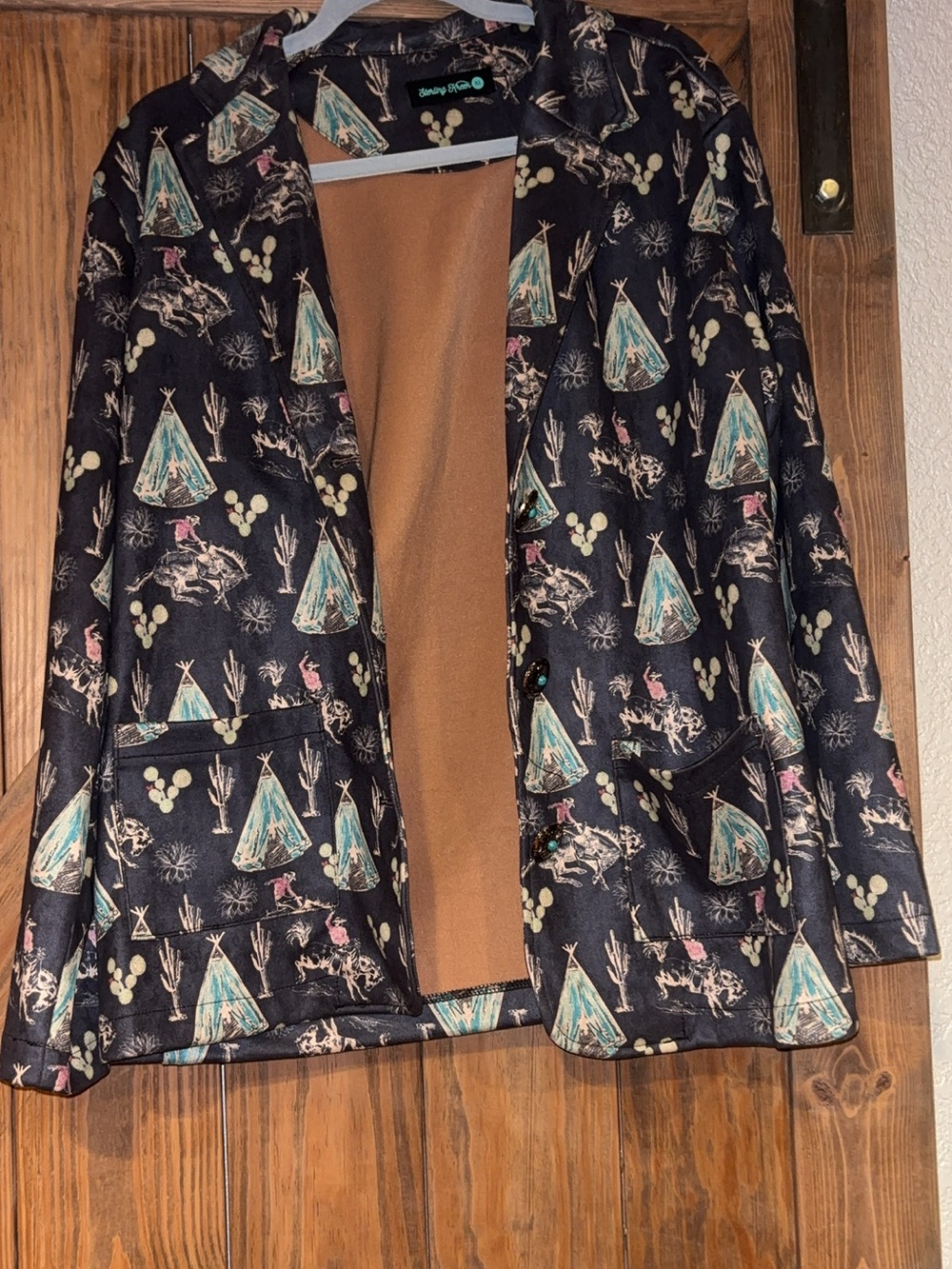 Lucky & Blessed Black Blazer Jacket with Teal and Tan Print